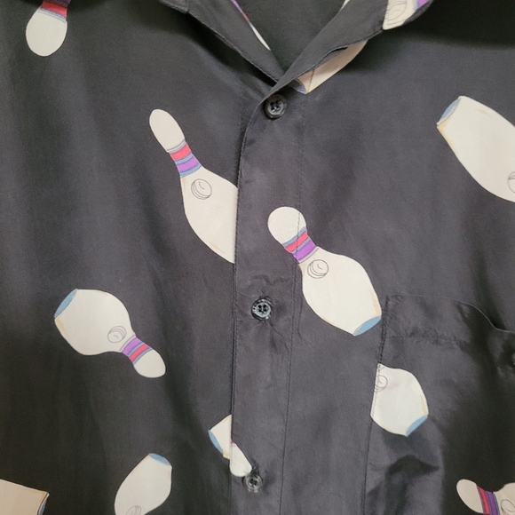 The Sharper Image Black Silk Bowling Pin Print Button Up Shirt - Picture 3 of 4